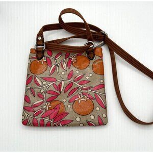 Fossil Key-Per Coated Canvas Crossbody Bag Tan Pink Green Polka Dot Lining